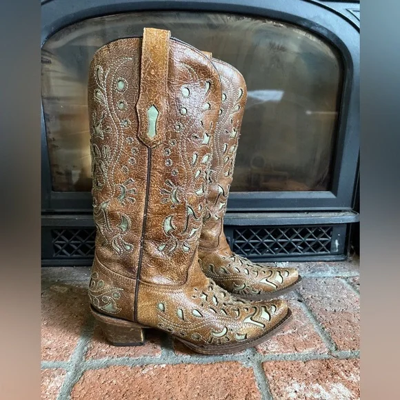 CORRAL Cowboy Boots Brown Leather Tan Inlay Detailing SZ 8 Western Cowgirl - Picture 2 of 8